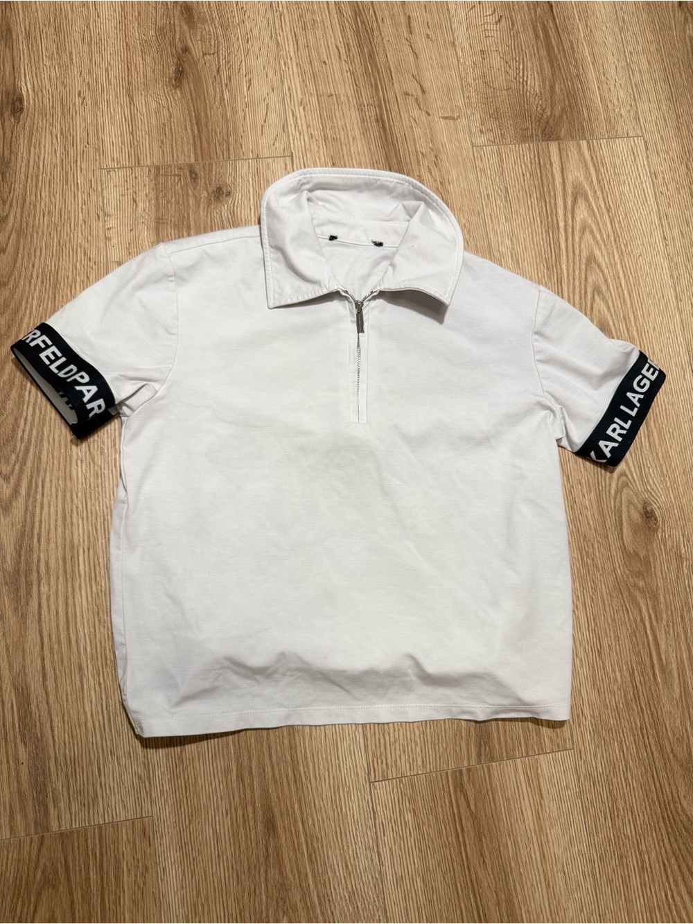 Karl Lagerfeld Paris Women's White Quarter Zip Polo Top Logo Tape Cropped S